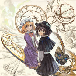 Rule 34 | 2girls, absurdres, black capelet, black headwear, blonde hair, bow, bowtie, brown eyes, brown hair, capelet, chinese commentary, clock, closed mouth, collared shirt, commentary request, debris, frown, gears, geode, hat, hat bow, highres, jacket, long sleeves, looking at viewer, looking back, maribel hearn, mob cap, moon print, multiple girls, open clothes, open jacket, purple eyes, purple jacket, purple skirt, red bow, rock, shirt, short hair, skirt, smile, star (symbol), star print, touhou, usami renko, white bow, white shirt, wing collar, yolandabaka
