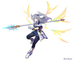 Rule 34 | 1girl, black pantyhose, blue dress, blue eyes, boots, breasts, cleavage, closed mouth, commentary, commission, dress, english commentary, feathered wings, floating hair, full body, gloves, grey gloves, grey hair, grey jacket, head wings, highres, holding, holding polearm, holding weapon, jacket, long hair, looking at viewer, medium breasts, melia antiqua, namu (112namu), pantyhose, polearm, short sleeves, sidelocks, simple background, smile, solo, spear, twitter username, watermark, weapon, white background, white footwear, white wings, wide sleeves, wings, xenoblade chronicles (series), xenoblade chronicles 1