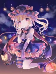 Rule 34 | 1girl, bat wings, black dress, blonde hair, crystal, dress, flandre day, flandre scarlet, halloween, halloween costume, happy halloween, hat, hat ribbon, hiyuu (hiyualice), jack-o&#039;-lantern, lamp, mob cap, moon, multicolored wings, one side up, puffy short sleeves, puffy sleeves, pumpkin, red eyes, red skirt, ribbon, short sleeves, side ponytail, skirt, skirt set, striped clothes, striped thighhighs, thighhighs, touhou, white hat, wings