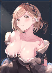 Rule 34 | 1girl, areola slip, armpits, bad id, bad pixiv id, bare shoulders, black background, black dress, blush, braid, breasts, breasts out, brown eyes, closed mouth, clothes pull, collarbone, covered navel, covering privates, covering breasts, crown braid, djeeta (granblue fantasy), dress, dress pull, drill hair, elbow gloves, french braid, gloves, granblue fantasy, head tilt, highres, light, looking at viewer, medium breasts, milli little, short hair, solo, strapless, strapless dress, swept bangs, twin drills, upper body, white gloves