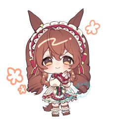 Rule 34 | 1girl, :&gt;, animal ears, blush, bow, brown eyes, brown hair, chan hone pkpk, chibi, closed mouth, commentary request, dress, frilled dress, frills, green bow, hair ornament, highres, horse ears, horse girl, horse tail, long sleeves, looking at viewer, mejiro bright (snowy lolita in a dazzling starry sky) (umamusume), mejiro bright (starry snow lolita) (umamusume), mejiro bright (umamusume), official alternate costume, official alternate hairstyle, own hands together, red bow, simple background, smile, solo, tail, thigh strap, twintails, umamusume, white background