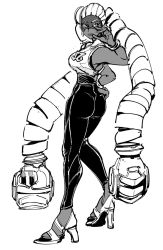 Rule 34 | 1girl, armpits, arms (game), ass, bad id, bad twitter id, bare arms, bare shoulders, boxing gloves, bracelet, breasts, domino mask, drill, drill hair, earrings, eyelashes, facing away, full body, greyscale, hand on own hip, high-waist pants, high heels, high waisted pants, jewelry, large breasts, legs, legs apart, lips, long hair, long legs, looking away, looking back, looking to the side, mask, monochrome, open mouth, pants, shirakawa raiden, shirt, simple background, sleeveless, sleeveless shirt, smile, solo, standing, tight clothes, tight pants, turtleneck, twintails, twintelle (arms), very long hair, white background, yoga pants