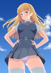 Rule 34 | 1girl, absurdres, akiyama sii, blonde hair, blush, breasts, closed mouth, cloud, dress, from below, green eyes, hairband, hands on own hips, heanna sumire, highres, large breasts, long hair, looking at viewer, love live!, love live! superstar!!, panties, pinafore dress, pink panties, school uniform, shiny skin, sky, sleeveless dress, solo, thighhighs, underwear, upskirt, white thighhighs
