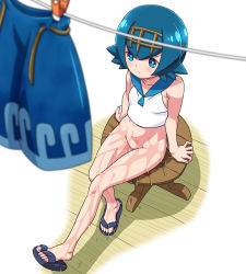 Rule 34 | 1girl, arm support, blue eyes, blue hair, blurry, blush, bottomless, breasts, capri pants, clothes pin, clothesline, creatures (company), crop top, depth of field, feet, female focus, floor, full body, game freak, hair ornament, hairband, highres, kohsaka jun, lana (pokemon), matching hair/eyes, naked shirt, nintendo, pants, pokemon, pokemon (anime), pokemon sm, pussy, sailor collar, sandals, shirt, short hair, simple background, sitting, sleeveless, sleeveless shirt, small breasts, solo, stool, toes, trial captain, uncensored, wet, white background, wooden floor