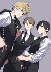 Rule 34 | 3boys, absurdres, black eyes, black hair, black necktie, black pants, black vest, blonde hair, blue eyes, brown eyes, brown hair, character name, closed mouth, collared shirt, cowboy shot, formal, grey background, grin, hand on own hip, hands in pockets, highres, holding, holding clothes, holding jacket, inukai sumiharu, jacket, looking at viewer, male focus, multiple boys, necktie, ninomiya masataka, over shoulder, pants, shirt, short hair, sleeves rolled up, smile, spiked hair, standing, tsuji shinnosuke, vest, white shirt, world trigger, xia (ryugo)