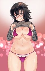 Rule 34 | 10s, 1girl, abenattou, bikini, black hair, blouse, blue eyes, blush, breasts, cleavage, clothes lift, female focus, girls und panzer, glasses, gradient background, grey shirt, groin, head tilt, large breasts, lifted by self, messy hair, navel, no pants, open mouth, oryou (girls und panzer), panties, pink background, purple bikini, purple panties, shirt, shirt lift, solo, standing, striped clothes, striped shirt, swimsuit, underwear