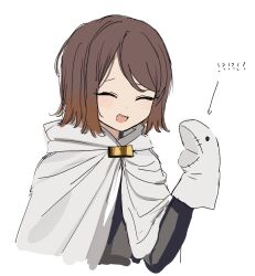 Rule 34 | brown hair, button eyes, buttons, cape, closed eyes, doll, happy, highres, library of ruina, migishita, moirai (project moon), open mouth, project moon, puppet, sock puppet, speech bubble, white cape