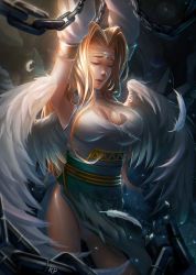 Rule 34 | 1girl, angel wings, aquaplus, arms up, blonde hair, breasts, chain, cleavage, closed eyes, eyelashes, feathered wings, feathers, hair over breasts, krit parnsanay, large breasts, large wings, leotard, lips, long hair, nose, open mouth, parted bangs, shiny skin, sidelocks, sleeveless, solo, teeth, thighs, torn clothes, torn leotard, ulthury, utawarerumono, very long hair, wings