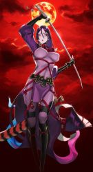 Rule 34 | 1girl, armlet, black gloves, bodysuit, breasts, covered navel, fate/grand order, fate (series), fingerless gloves, gloves, katana, large breasts, long hair, low-tied long hair, minamoto no raikou (fate), nakuta, open mouth, parted bangs, purple bodysuit, purple eyes, purple hair, ribbed sleeves, solo, standing, sword, very long hair, weapon
