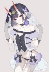 Rule 34 | 1girl, bare shoulders, black hair, blush, bob cut, bow, braid, breasts, butterfly hair ornament, collarbone, eyeliner, fate/grand order, fate (series), gloves, gluteal fold, hair ornament, highres, horns, kaguyuzu, looking at viewer, makeup, navel, oni, parted lips, purple eyes, purple hair, short eyebrows, short hair, shuten douji (fate), skin-covered horns, small breasts, solo, teeth, thighs