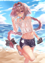 Rule 34 | 1boy, absurdres, astolfo (fate), bag, bare legs, bare shoulders, beach, black bow, blue shorts, bow, braid, candy, cellphone, cloud, commentary request, day, eyewear on head, fate/grand order, fate (series), food, glasses, hair between eyes, hair bow, hair intakes, hair ribbon, handbag, highres, holding, holding candy, holding food, holding lollipop, jewelry, lollipop, long hair, looking at viewer, male focus, multicolored hair, navel, necklace, ocean, one eye closed, outdoors, phone, pink hair, qinshi-ji, ribbon, short shorts, shorts, single braid, smartphone, solo, streaked hair, trap, water