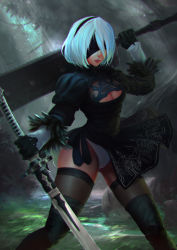 Rule 34 | 1girl, arm up, black dress, black footwear, black gloves, black hairband, black ribbon, black thighhighs, blindfold, boots, breasts, cleavage, cleavage cutout, closed mouth, clothing cutout, contrapposto, covered eyes, cowboy shot, day, dress, dual wielding, feather-trimmed sleeves, feather trim, fishnet thighhighs, fishnets, forest, gloves, grass, greatsword, hair over one eye, hairband, hand up, highres, holding, holding sword, holding weapon, huge weapon, juliet sleeves, katana, legs apart, leotard, light rays, long sleeves, medium breasts, mole, mole under mouth, nature, nier (series), nier:automata, nose, outdoors, over shoulder, puffy sleeves, red lips, ribbed dress, ribbon, short dress, short hair, side slit, solo, standing, sunbeam, sunlight, sword, theorckid, thigh boots, thighhighs, tree, turtleneck, upskirt, vambraces, weapon, weapon over shoulder, white hair, white leotard, wind, wind lift, 2b (nier:automata)
