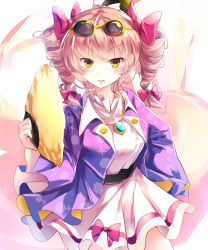 Rule 34 | 1girl, absurdres, blush, bow, drill hair, eyewear on head, hair bow, hand fan, highres, jewelry, kanzakietc, looking at viewer, necklace, pink bow, smile, solo, sunglasses, sunglasses on head, touhou, twin drills, twintails, v-shaped eyebrows, wide sleeves, yellow eyes, yorigami jo&#039;on
