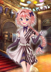 Rule 34 | 1boy, :d, astolfo (fate), asymmetrical clothes, bad id, bad pixiv id, black gloves, blush, bow, bowtie, braid, chevalier d&#039;eon (formal dress) (fate), chinese commentary, collarbone, commentary request, daya, dress, dress bow, elbow gloves, fang, fate/apocrypha, fate/grand order, fate (series), feet out of frame, flat chest, frilled dress, frilled sleeves, frills, gloves, hair between eyes, hair bow, hair intakes, hand up, highres, indoors, long hair, looking at viewer, male focus, multicolored hair, open mouth, pink hair, purple bow, purple bowtie, purple eyes, raised eyebrows, see-through, short sleeves, single braid, skirt hold, smile, solo, standing, streaked hair, thigh gap, trap, two-tone dress, two-tone hair, very long hair, white bow, white hair