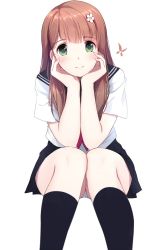 Rule 34 | 1girl, black sailor collar, black skirt, black socks, blouse, blush, brown hair, caidychen, caidychen&#039;s green-eyed girl, closed mouth, commentary request, flower, green eyes, hair flower, hair ornament, hands on own cheeks, hands on own face, highres, kneehighs, legs together, long hair, looking at viewer, original, panties, pantyshot, pleated skirt, sailor collar, school uniform, serafuku, shirt, short sleeves, simple background, sitting, skirt, smile, socks, solo, underwear, white background, white flower, white panties, white shirt