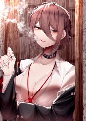 Rule 34 | 1girl, absurdres, black collar, black jacket, breasts, brown eyes, brown hair, chromatic aberration, cigarette, cleavage, collar, collarbone, highres, holding, holding cigarette, jacket, large breasts, no bra, open clothes, open shirt, original, samip, shirt, smoke, solo, upper body, white shirt