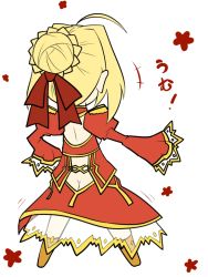 Rule 34 | 10s, 1girl, blonde hair, butt crack, chibi, fate/extra, fate (series), from behind, nero claudius (fate), nero claudius (fate) (all), nero claudius (fate/extra), red-eyes macadamiachoco, short hair, simple background, solo, white background
