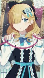 Rule 34 | 1girl, black ribbon, blonde hair, blue eyes, crml orng, dress, fire emblem, fire emblem engage, frilled dress, frills, hair ornament, hair over one eye, hair ribbon, highres, looking at viewer, madeline (fire emblem), medium hair, nail polish, nintendo, open mouth, picture frame, ribbon, solo, upper body
