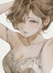 Rule 34 | 1girl, blue eyes, blush, breasts, brown hair, cleavage, close-up, collarbone, dress, grey background, hair between eyes, hair over one eye, long hair, looking ahead, moaomao mo, original, parted lips, sidelocks, simple background, sleeveless, sleeveless dress, solo