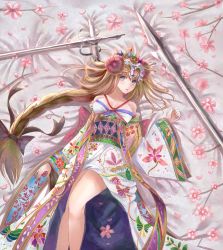 Rule 34 | 1girl, absurdres, blonde hair, braid, breasts, cherry blossoms, cleavage, fate/apocrypha, fate/grand order, fate (series), flower, highres, japanese clothes, jeanne d&#039;arc (fate), jeanne d&#039;arc (ruler) (fate), kimono, legs, long hair, looking at viewer, nick (nikek96), nicky w, off shoulder, single braid, solo, sword, type-moon, very long hair, weapon