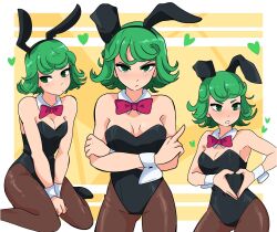 Rule 34 | 1girl, angry, animal ears, black footwear, black leotard, blush, bow, bowtie, breasts, brown pantyhose, cleavage, crossed arms, dashi (dashiart), detached sleeves, fake animal ears, green eyes, green hair, heart, heart hands, highres, leotard, looking at viewer, middle finger, one-punch man, pantyhose, parted lips, playboy bunny, rabbit ears, red bow, red bowtie, shoes, short hair, sitting, small breasts, standing, tatsumaki, teeth, wrist cuffs, yellow background