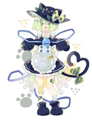 Rule 34 | 1girl, :o, alternate costume, animal hands, animal hat, apron, bandages, bandaid, bandaid on knee, bandaid on leg, black dress, black footwear, black gloves, black hat, blush, bow, buttons, cat hat, cat tail, commentary, diamond button, dress, fake tail, fang, full body, gloves, green bow, green eyes, green hair, hair between eyes, hat, heart, heart-shaped pupils, highres, komeiji koishi, looking at viewer, nikorashi-ka, open mouth, paw gloves, paw shoes, polka dot, polka dot bow, puffy sleeves, short hair, simple background, skin fang, solo, standing, striped, striped bow, symbol-shaped pupils, tail, tail bow, tail ornament, third eye, tongue, touhou, waist apron, white apron, white background, yellow bow