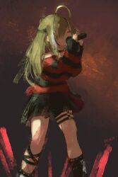 Rule 34 | 1girl, ahoge, black leg warmers, black skirt, black sweater, brown hair, closed eyes, emo fashion, fishnets, glowstick, hair over one eye, highres, holding, holding microphone, hololive, hololive english, huge ahoge, long hair, microphone, multicolored hair, music, nanashi mumei, nanashi mumei (emo), o-ring, o-ring thigh strap, official alternate costume, penlight (glowstick), pleated skirt, red sweater, shin5 art, singing, skirt, streaked hair, striped clothes, striped sweater, sweater, thigh strap, torn clothes, torn sweater, two-tone sweater, very long hair, virtual youtuber