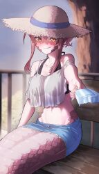Rule 34 | 1girl, absurdres, bare shoulders, bikini, black bikini, blush, breasts, cleavage, collarbone, commission, commissioner upload, denim, denim skirt, ekrea jan, evening, fingernails, food, hair between eyes, hair ornament, hat, highres, holding, holding food, holding ice cream, ice cream, lamia, licking lips, light smile, long hair, looking at viewer, medium breasts, miia (monster musume), miniskirt, monster girl, monster musume no iru nichijou, navel, non-web source, on bench, outdoors, pointy ears, reaching, reaching towards viewer, red hair, scales, see-through, sidelocks, sitting, skeb commission, skirt, slit pupils, solo, strap slip, straw hat, swimsuit, tongue, tongue out, tree, yellow eyes