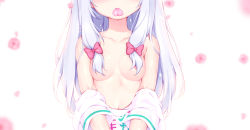 Rule 34 | 1girl, adrenaline!!!, bare shoulders, blue hair, bow, breasts, collarbone, eromanga sensei, hair bow, hair over breasts, izumi sagiri, long hair, mouth hold, nomier, petals, pink bow, shirt, small breasts, solo, t-shirt, upper body, white background, white shirt