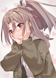 Rule 34 | 1girl, blush, brown eyes, brown hair, closed mouth, green jacket, hair between eyes, hair ribbon, heart, highres, hood, hood down, hoodie, jacket, kantai collection, long hair, looking at viewer, natsuki (gedo), open clothes, open jacket, pink background, ponytail, ribbon, simple background, solo, upper body, white hoodie, white ribbon, zuihou (kancolle)