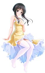 Rule 34 | 1girl, absurdres, arm support, bare arms, bare shoulders, bashen chenyue, black eyes, black hair, blush, breasts, dress, frilled dress, frills, full body, hand up, highres, long hair, looking at viewer, memories off, no shoes, parted lips, simple background, sleeveless, sleeveless dress, small breasts, smile, solo, thighhighs, white background, white thighhighs, yellow dress