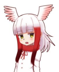 Rule 34 | 10s, 1girl, bad id, bad pixiv id, blunt bangs, blush, head wings, japanese crested ibis (kemono friends), kemono friends, looking away, multicolored hair, open mouth, red hair, ribbon, sd (s-di), sidelocks, simple background, solo, teeth, two-tone hair, upper body, upper teeth only, white background, white hair, wings, yellow eyes
