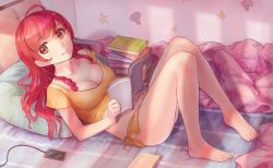 Rule 34 | 1girl, ahoge, barefoot, bed, bed sheet, book, breasts, brown eyes, brown hair, cellphone, cleavage, collarbone, highres, legs, lips, long hair, lying, on back, original, phone, pillow, red hair, shirt, short shorts, shorts, smartphone, smile, solo, taut clothes, taut shirt, wet.elephant