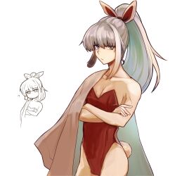 Rule 34 | 1boy, ?, androgynous, animal ears, archer (fate/samurai remnant), bare shoulders, bow, bulge, chinese hairpin, collarbone, crossdressing, fake animal ears, fake tail, fate/samurai remnant, fate (series), hair between eyes, hair ornament, highres, leotard, long hair, male focus, male playboy bunny, picpanda8800, playboy bunny, rabbit ears, rabbit tail, red leotard, simple background, strapless, strapless leotard, tail, white hair, yellow eyes