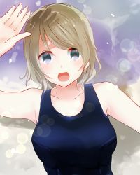 Rule 34 | 10s, 1girl, blue eyes, blue one-piece swimsuit, breasts, brown hair, highres, love live!, love live! sunshine!!, one-piece swimsuit, open mouth, school swimsuit, short hair, smile, solo, swimsuit, watanabe you, yunomi (moyattemasu)