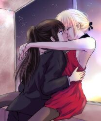 Rule 34 | 2girls, arms around neck, bare arms, between legs, black jacket, black pants, black pantyhose, black suit, blonde hair, brown hair, closed eyes, closed mouth, commentary request, dress, formal, hair up, hand on another&#039;s waist, highres, indoors, inoue takina, jacket, komari (komarimiru3), long hair, long sleeves, lycoris recoil, multiple girls, night, nishikigi chisato, pants, pantyhose, parted lips, ponytail, purple eyes, red dress, sitting, sleeveless, sleeveless dress, smile, star (sky), suit, suit jacket, window, yuri