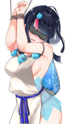 Rule 34 | 1girl, bare shoulders, bdsm, black hair, blindfold, blue ribbon, blush, bondage, bound, bound wrists, breasts, covered eyes, dress, fate/grand order, fate/requiem, fate (series), fundoshi, hands up, head tilt, japanese clothes, jewelry, large breasts, magatama, magatama hair ornament, medium hair, multicolored hair, necklace, open mouth, pelvic curtain, pink hair, ribbon, seigaiha, short dress, sideboob, sideless outfit, simple background, sleeveless, sleeveless dress, streaked hair, thighs, utsumi erice, white background, white dress, yuuzuki (re&#039;ef)