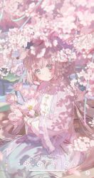 Rule 34 | 1girl, absurdres, aqua dress, blush, brown hair, chinese clothes, commission, dress, floral print, flower, green eyes, hair ornament, hairclip, highres, holding, holding flower, long hair, long sleeves, looking at viewer, lotus, original, outdoors, see-through, see-through sleeves, sitting, smile, solo, two-tone dress, umehara sei, white dress