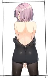 Rule 34 | 1girl, ass, bare back, black jacket, black pantyhose, fate (series), from behind, highres, jacket, kei (soundcross), looking back, mash kyrielight, off shoulder, open clothes, open jacket, pantyhose, purple eyes, purple hair, short hair, simple background, solo, standing, unzipped, white background, zipper pull tab