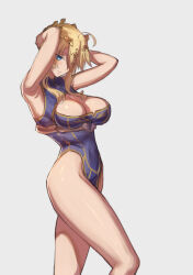 Rule 34 | 1girl, ahoge, armpits, arms behind head, arms up, artoria pendragon (fate), artoria pendragon (lancer) (fate), bare arms, bare legs, bare shoulders, blonde hair, blue eyes, blue leotard, blush, braid, breasts, cleavage, cleavage cutout, closed mouth, clothing cutout, covered navel, crown, emoshon, eyebrows, eyes visible through hair, facing away, fate/grand order, fate (series), french braid, frown, hair between eyes, head tilt, heattech leotard, highleg, highleg leotard, highres, large breasts, legs, leotard, light frown, long hair, looking at viewer, short hair with long locks, sidelocks, silver background, simple background, solo, standing, taut clothes, taut leotard, turtleneck