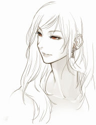 Rule 34 | 1girl, brown eyes, collarbone, earrings, eyelashes, hair over shoulder, highres, jewelry, lips, long hair, looking to the side, md5 mismatch, monochrome, multiple earrings, original, poaro, resized, signature, simple background, sketch, solo, spot color, upper body, white background