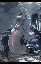 Rule 34 | 10s, 1girl, abyssal ship, colored skin, commentary request, french battleship princess, hair over one eye, kantai collection, long hair, machinery, moon, na-class destroyer, night, night sky, ninimo nimo, ocean, sky, smile, solo, teeth, thighhighs, turret, very long hair, white hair, white skin, white thighhighs