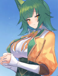 Rule 34 | 1girl, animal ears, argyle clothes, bow, bowtie, breasts, corset, cropped jacket, cup, fox ears, green corset, green hair, hair flaps, highres, hlsn dglaq3g, holding, holding cup, jacket, kitakoji hisui, kitakoji hisui (3rd costume), large breasts, light smile, long sleeves, looking at viewer, medium hair, mug, multicolored clothes, multicolored jacket, nijisanji, orange bow, orange bowtie, orange jacket, puffy long sleeves, puffy sleeves, shirt, sleeves past wrists, solo, two-tone jacket, upper body, virtual youtuber, white shirt, white sleeves, yellow eyes, yellow jacket
