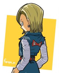 Rule 34 | 1girl, android 18, arms at sides, artist name, backlighting, belt, blonde hair, blue eyes, breasts, clothes writing, commentary request, denim, denim skirt, dragon ball, dragonball z, earrings, expressionless, eyelashes, facing away, fenyon, jewelry, long sleeves, looking away, orange background, profile, red ribbon army, shaded face, shirt, short hair, sideboob, simple background, skirt, solo, square, straight hair, striped clothes, striped shirt, upper body, waistcoat, white background