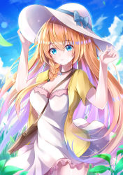 Rule 34 | 1girl, absurdres, arms up, between breasts, blue bow, blue eyes, blue ribbon, blush, bow, braid, breasts, cleavage, closed mouth, cloud, day, dress, hair between eyes, hat, hat bow, hat ribbon, highres, jewelry, large breasts, long hair, looking at viewer, necklace, orange hair, outdoors, pecorine (princess connect!), pecorine (real) (princess connect!), princess connect!, ribbon, short sleeves, signature, sky, smile, solo, takemura kou, very long hair, white dress, white hat