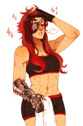 Rule 34 | 1girl, abs, asymmetrical gloves, bike shorts, breasts, eyepatch, closed eyes, fingerless gloves, gauntlets, gloves, lips, long hair, midriff, mismatched gloves, muscular, muscular female, navel, aged up, red hair, ruby rose, rwby, solo, sparkle, sports bra, sweat, towel, xuunies