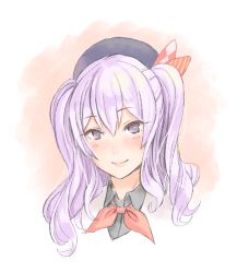 Rule 34 | 1girl, blush, bow, bowtie, closed mouth, collared shirt, grey shirt, hair between eyes, hat, kantai collection, kashima (kancolle), long hair, looking at viewer, pink background, pink lips, portrait, purple eyes, red bow, red bowtie, shirt, simple background, smile, solo, twintails, wing collar, yuuji (and)