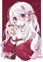 Rule 34 | + +, 1girl, black-framed eyewear, bow, box, chon (chon33v), closed mouth, collared shirt, cropped torso, cupcake, ear piercing, food, food-themed hair ornament, gift, gift box, glasses, hair bow, hair ornament, hairclip, hands up, heart-shaped box, highres, holding, holding food, jacket, long hair, long sleeves, multicolored nails, nail art, original, piercing, polka dot, polka dot background, puffy long sleeves, puffy sleeves, red background, red bow, red eyes, red jacket, shirt, sleeves past wrists, solo, striped, striped bow, two-tone background, upper body, valentine, very long hair, white background, white hair, white shirt