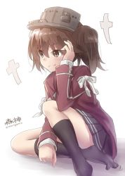 Rule 34 | 10s, 1girl, black socks, blush, brown eyes, brown hair, grey skirt, hand on another&#039;s head, hand on own head, japanese clothes, kantai collection, kariginu, kneehighs, morigami (morigami no yashiro), pleated skirt, ryuujou (kancolle), simple background, sitting, skirt, smile, socks, solo, twintails, twitter username, visor cap, white background