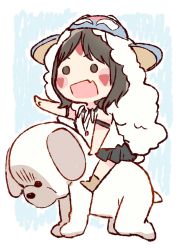 Rule 34 | 1girl, :d, akb48, animal, armband, black eyes, black hair, black skirt, blush, chibi, collared shirt, commentary request, cosplay, dog, facepaint, fang, highres, jewelry, long hair, mononoke hime, ooshima ryouka, open mouth, outstretched arm, pendant, real life, riding, san, san (cosplay), san (mononoke hime), shirt, skirt, smile, solo, taneda yuuta, v-shaped eyebrows